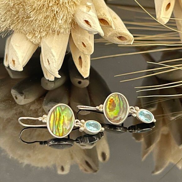 Sterling silver 925 Abalone shell aquamarine earrings